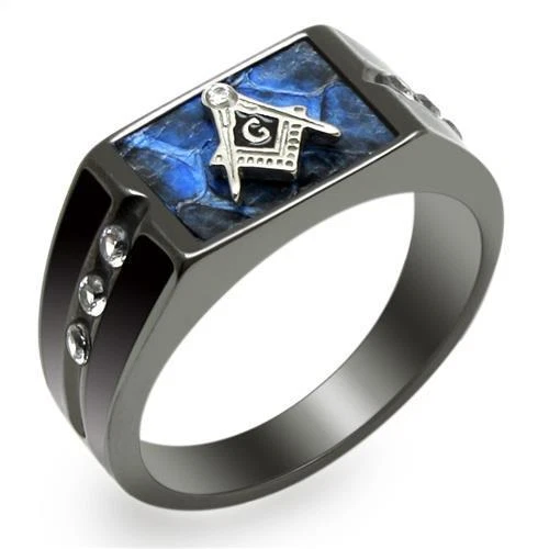 Masonic Mason CZ Stones Black Plated Stainless Steel Ring